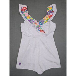 J Marie Striped Floral Embroidered Ruffle Sleeve Romper Small